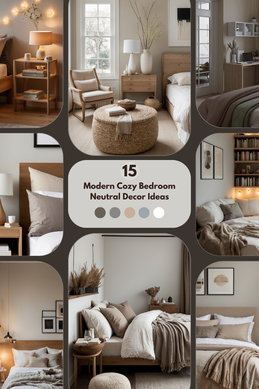 15 modern cozy bedroom ideas with neutral decor, soft lighting, and comfortable furnishings.