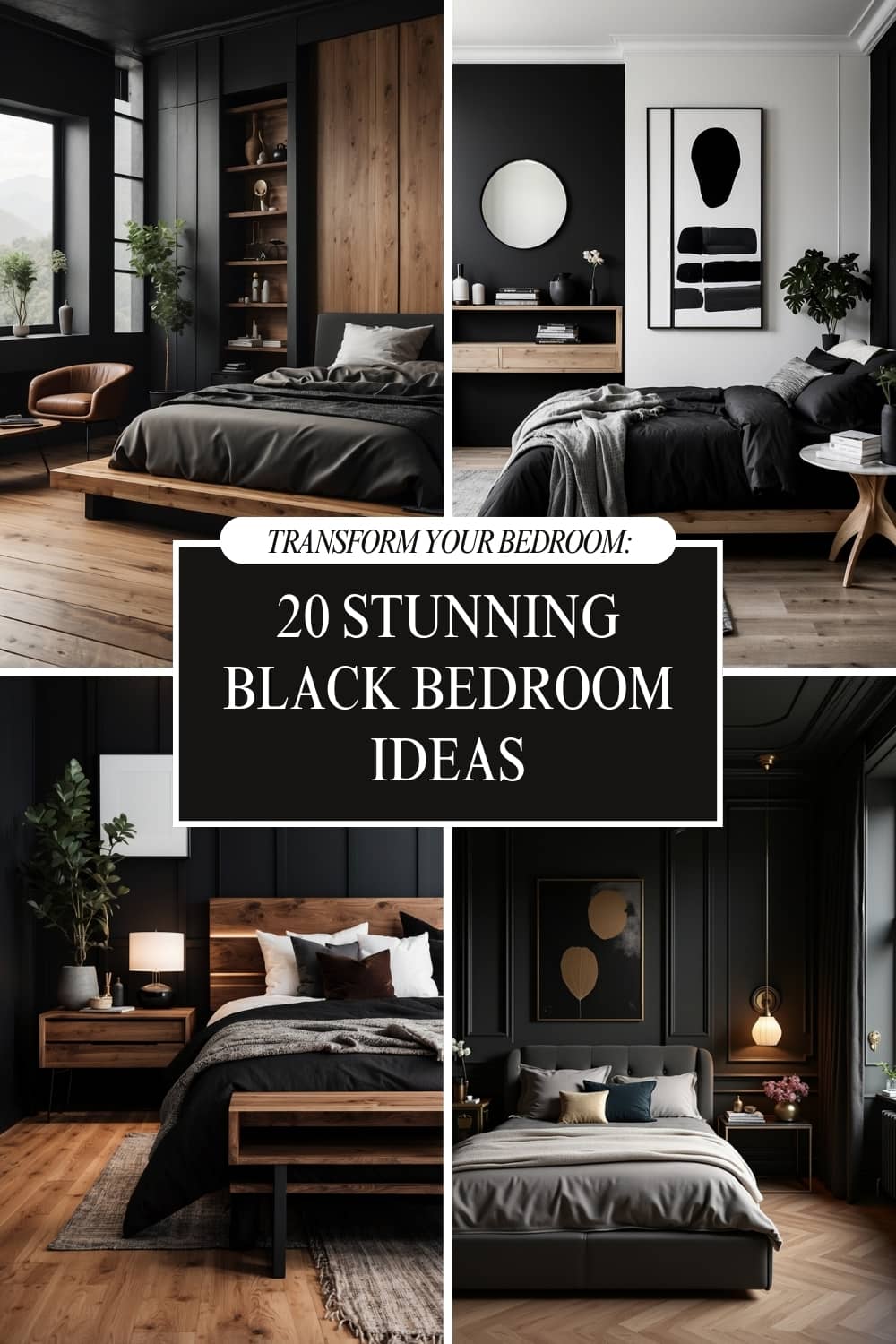 20 Stunning Black Bedroom Ideas for a Bold Makeover – Black walls with wooden elements and stylish furniture