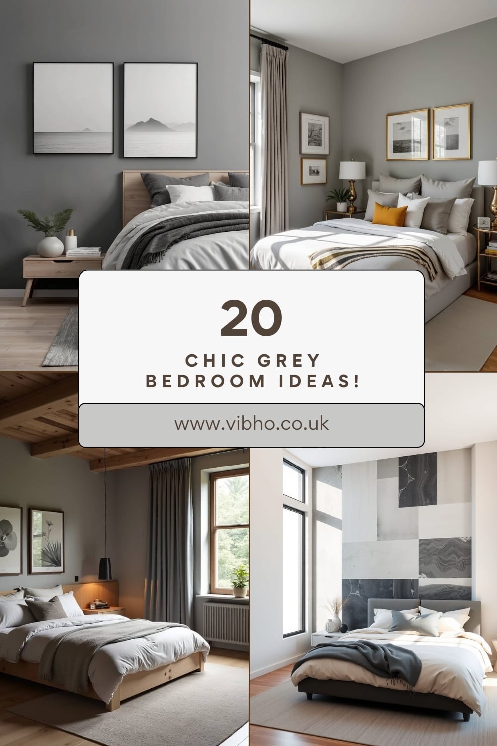 A collage of chic grey bedrooms featuring various design styles, from modern minimalism to cozy rustic elements.