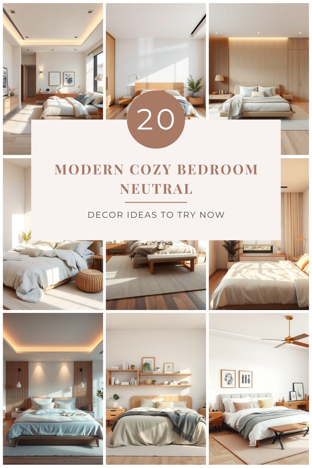 Bedroom with modern and neutral decor elements, featuring soft lighting, layered textures, and a warm color palette for ultimate coziness
