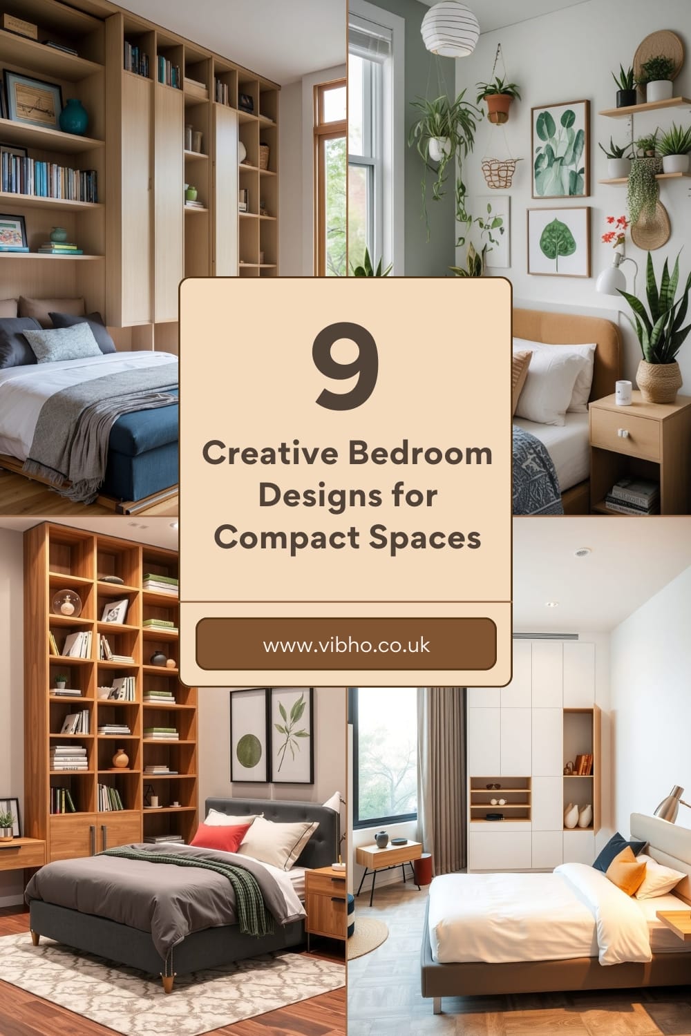 A collage of nine creative bedroom designs tailored for compact spaces, showcasing efficient storage solutions and stylish decor.
