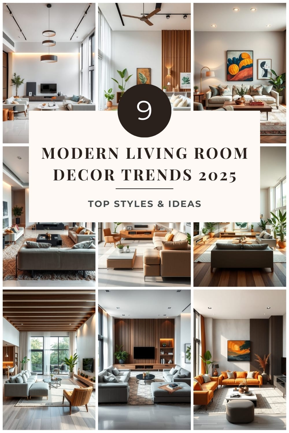 Collage of modern living room designs showcasing the top decor trends for 2025