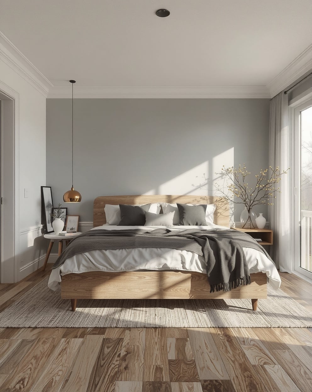 Bedroom with sage and blue accents complemented by metallic and wooden touches
