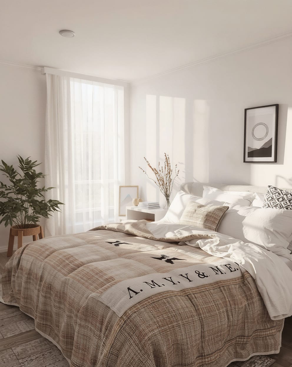 Cozy bedroom with a personalized weighted blanket and matching pillow covers
