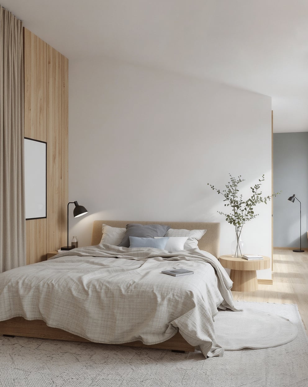 Bedroom with balanced sage and blue accents for a cohesive, comfortable atmosphere