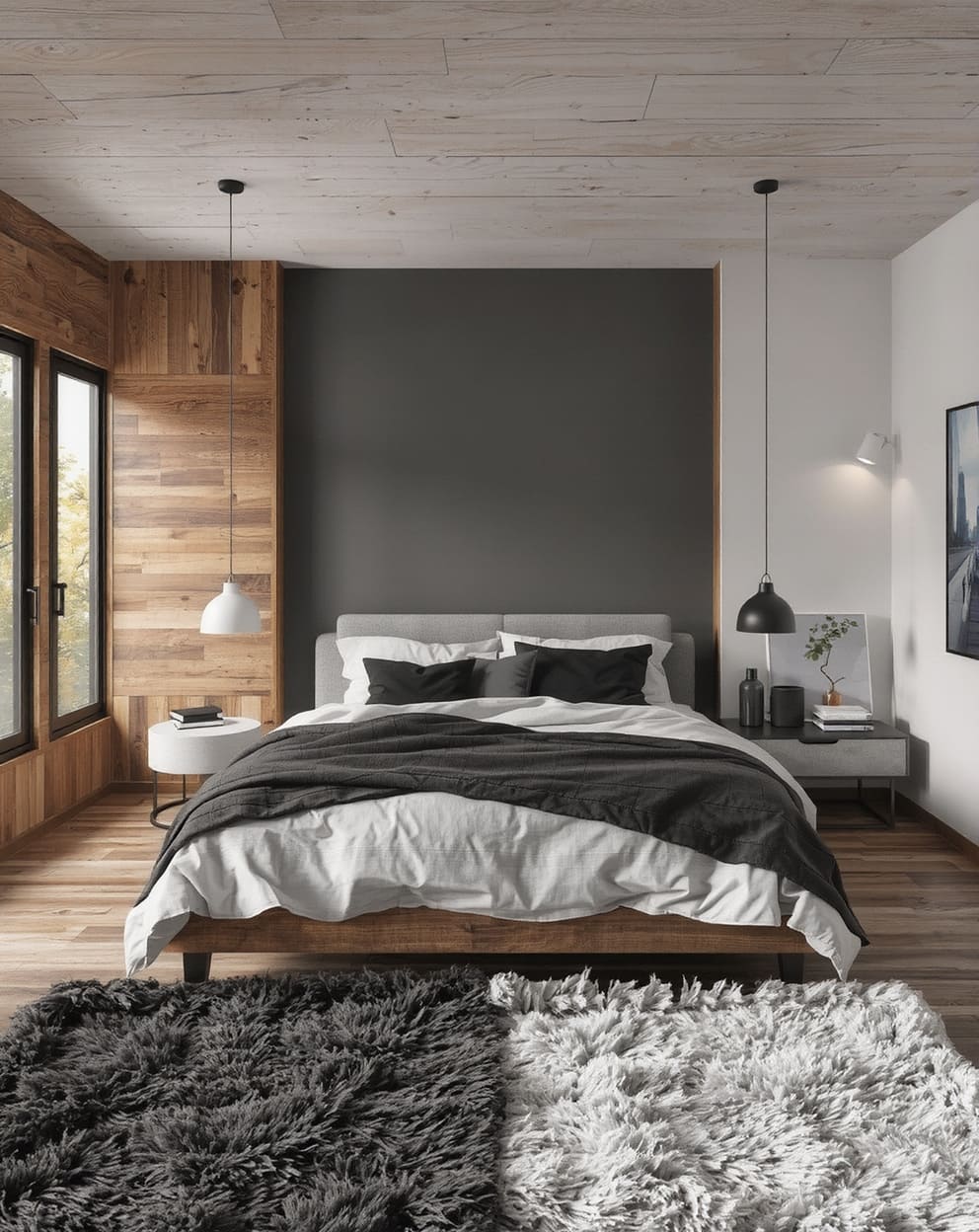 Bedroom with black, white, and gray accents creating a sleek, sophisticated atmosphere