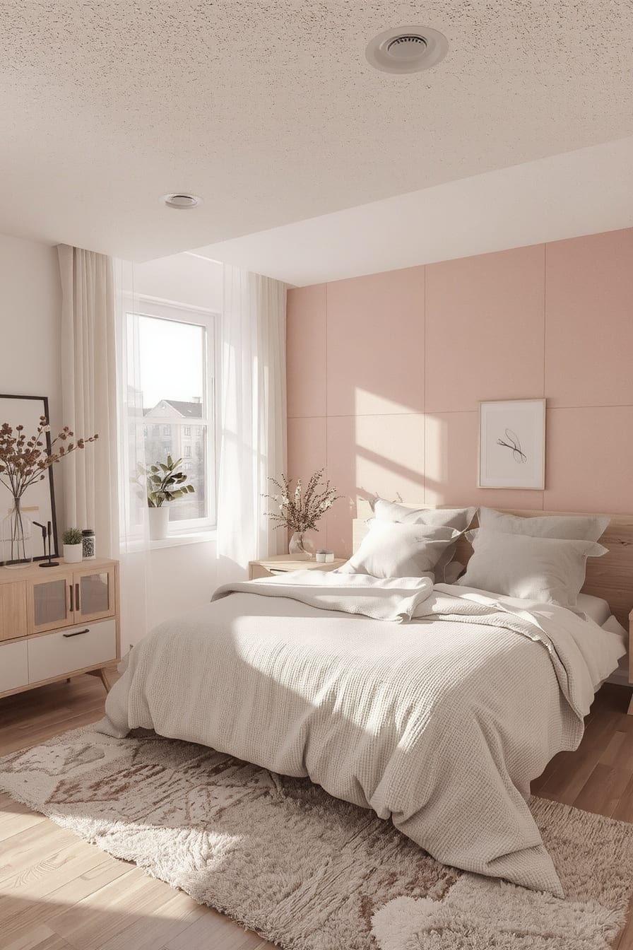 Bedroom with blush pink and gray accents, creating a calm and sophisticated atmosphere