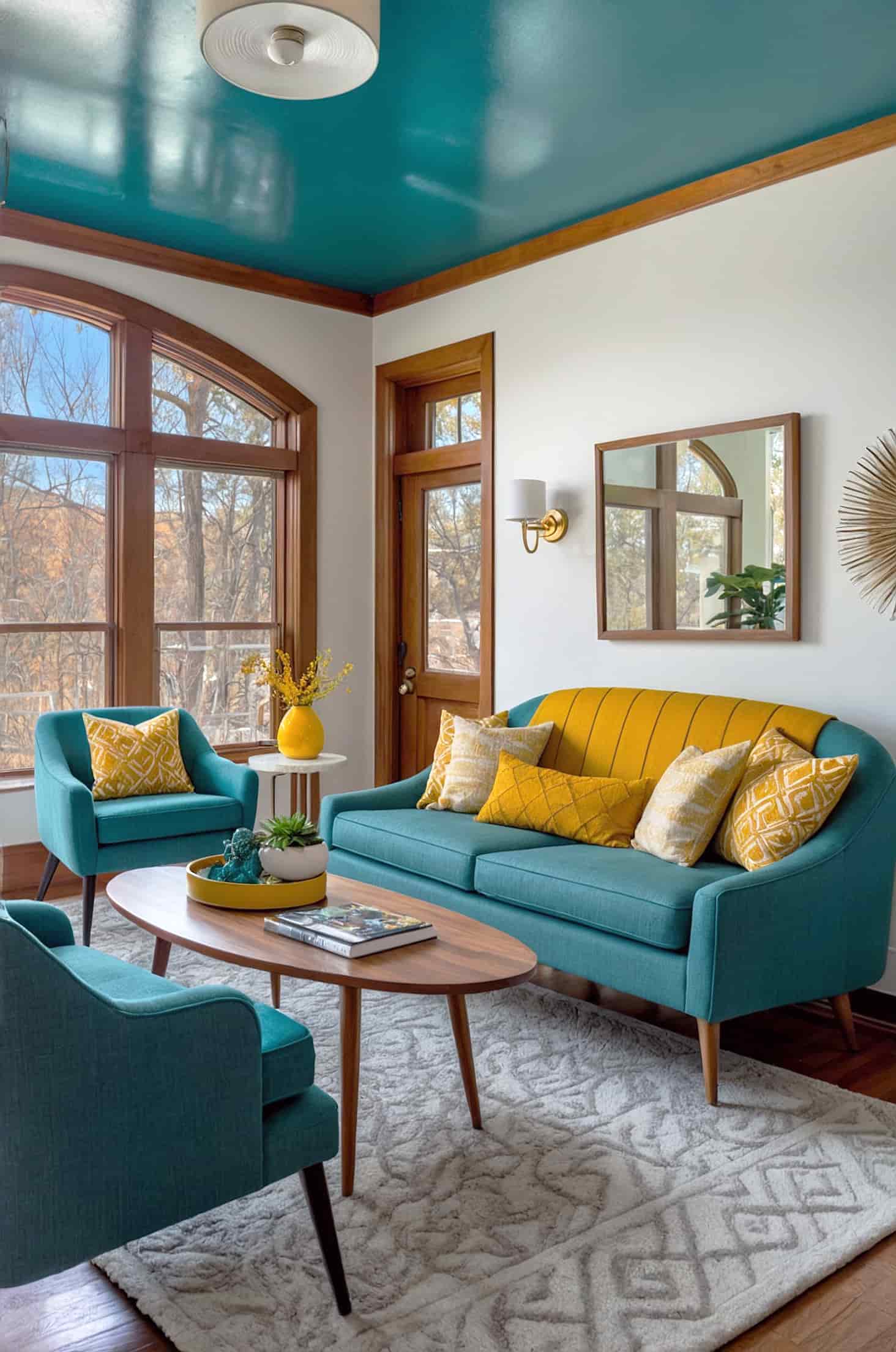 Bold color accents for energy and personality in mid century modern living rooms