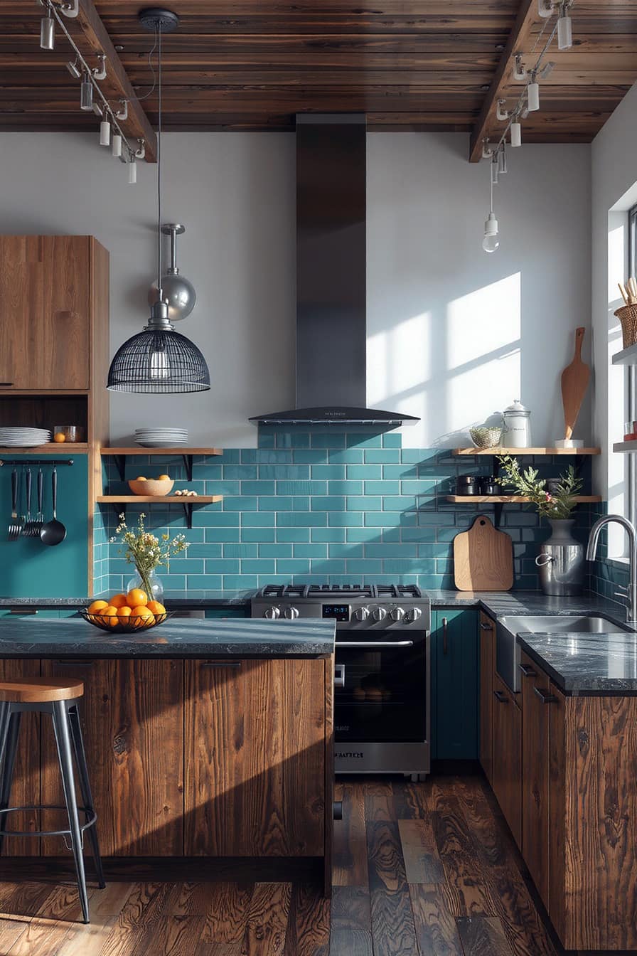 Modern kitchen with bold color accents like deep blue, emerald green, and terracotta