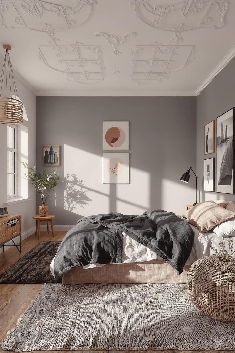 Bedroom with charcoal gray and soft blush accents, creating a stylish, cozy atmosphere