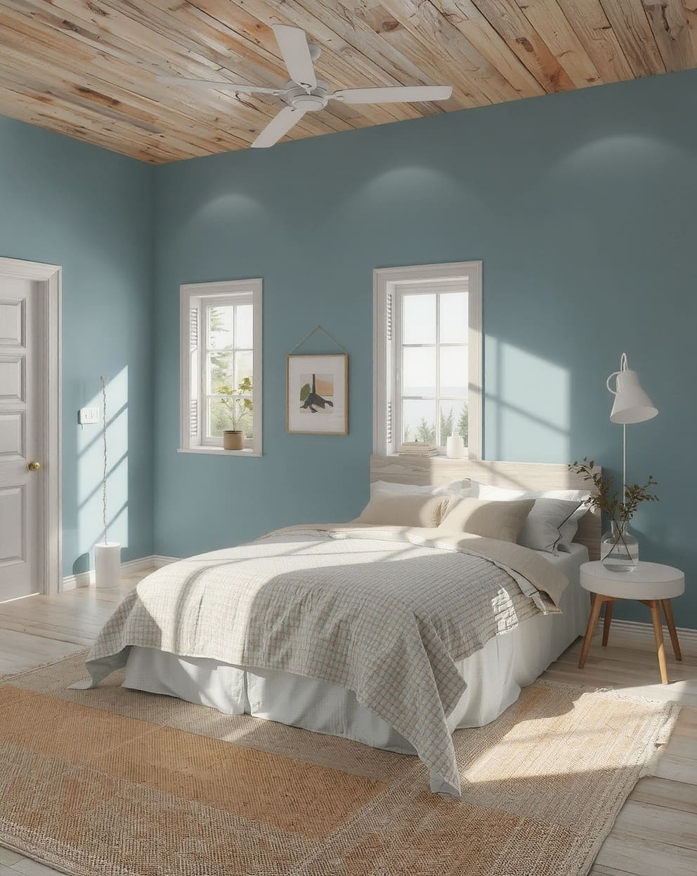 Bedroom with coastal blues like soft blue and turquoise, creating a calm, breezy atmosphere