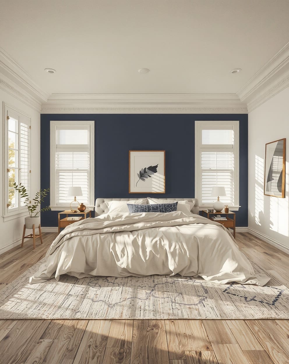 Bedroom with deep navy and crisp white accents, creating a tranquil and sophisticated atmosphere