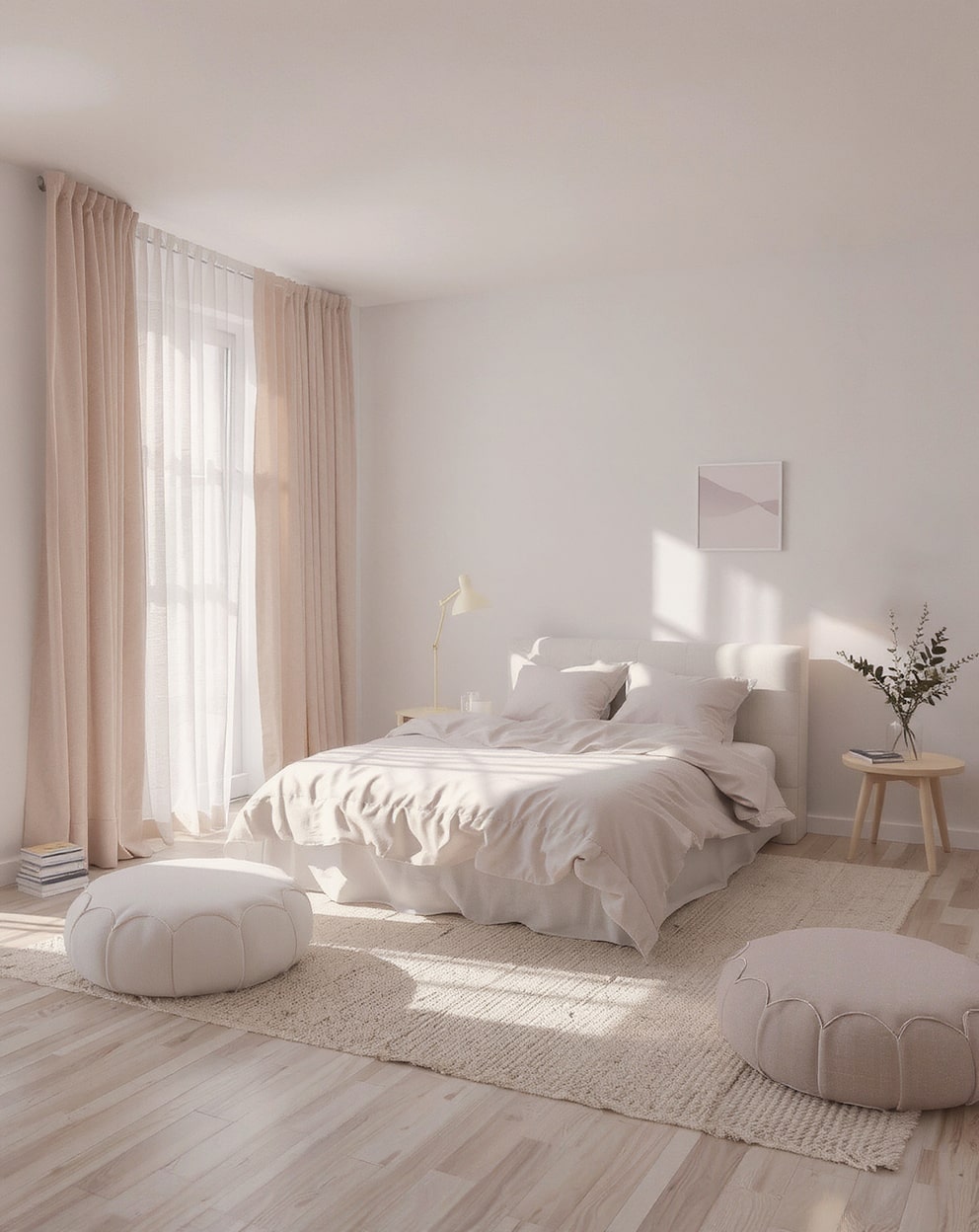 Bedroom with dreamy pastel colors like lavender and blush pink, creating a serene, calming atmosphere