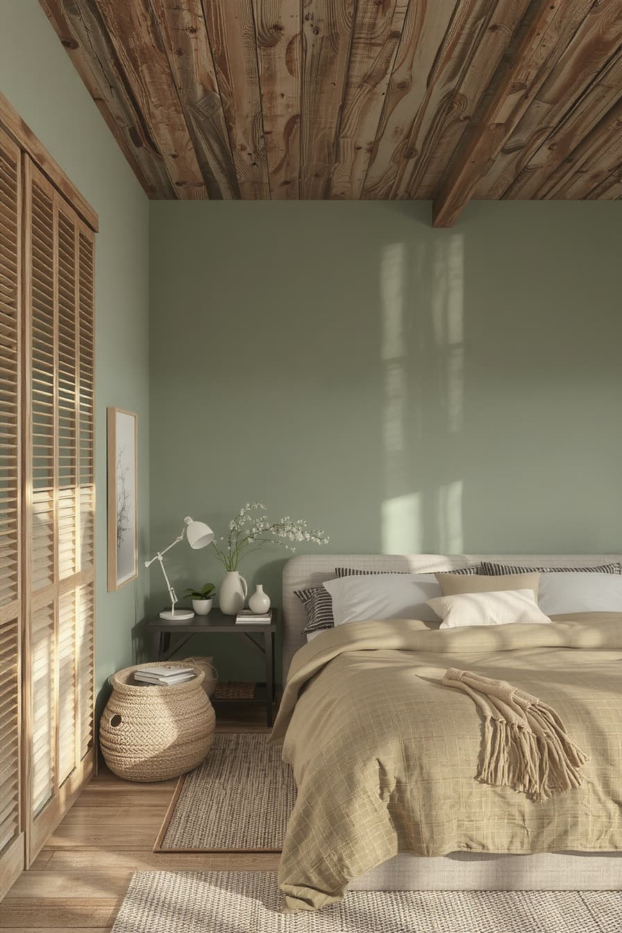 Bedroom with earthy greens and browns, creating a natural, grounding atmosphere