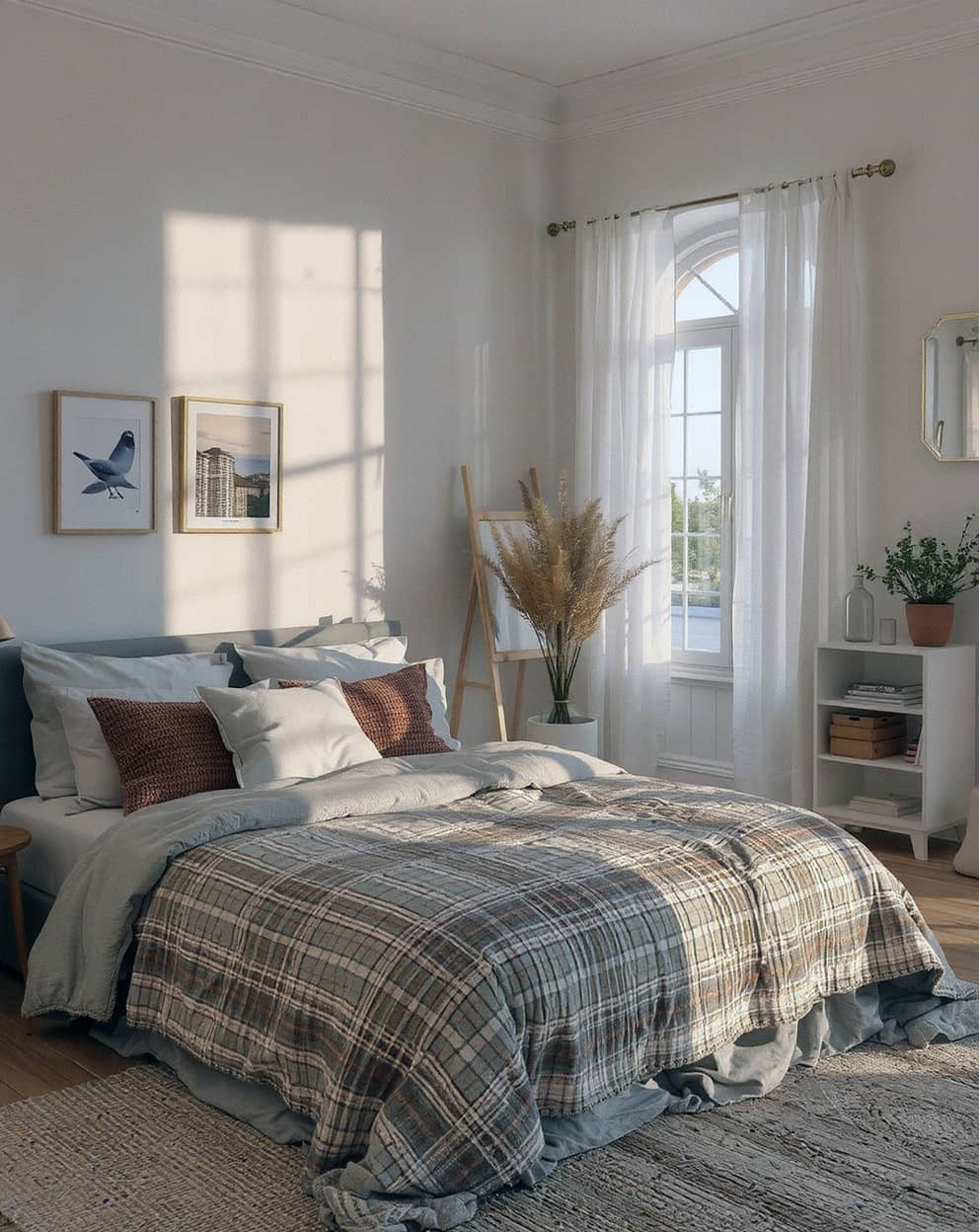Calming bedroom with soft tones and natural light, featuring a weighted blanket in peaceful colors