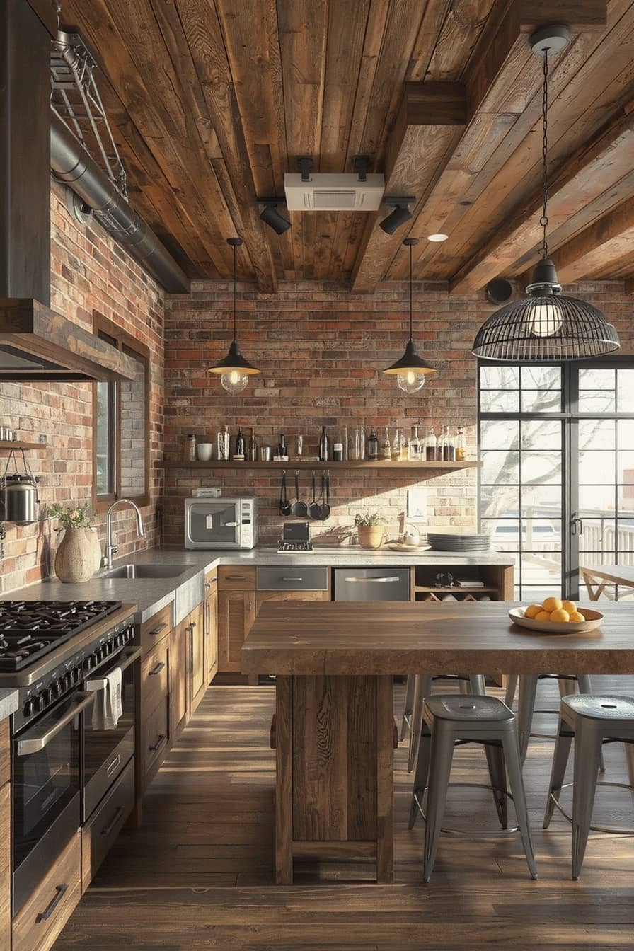 Modern kitchen with industrial style elements like exposed brick, steel accents, and concrete countertops