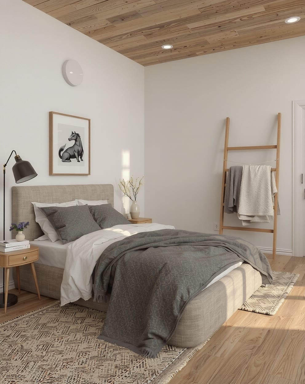 Cozy bedroom with a weighted blanket stored on a ladder for easy access