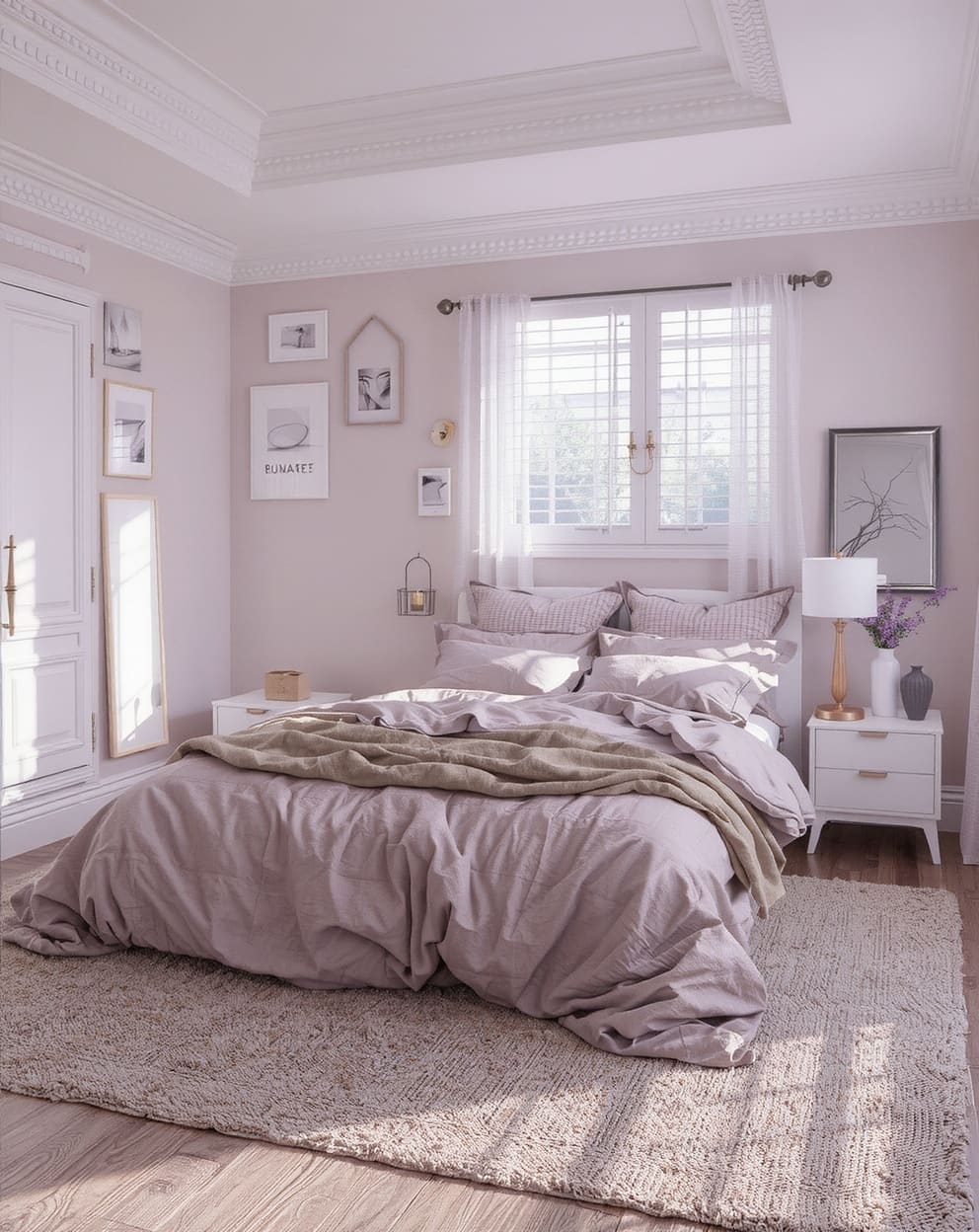 Bedroom with lavender, lilac, and soft plum hues creating a calming, peaceful atmosphere