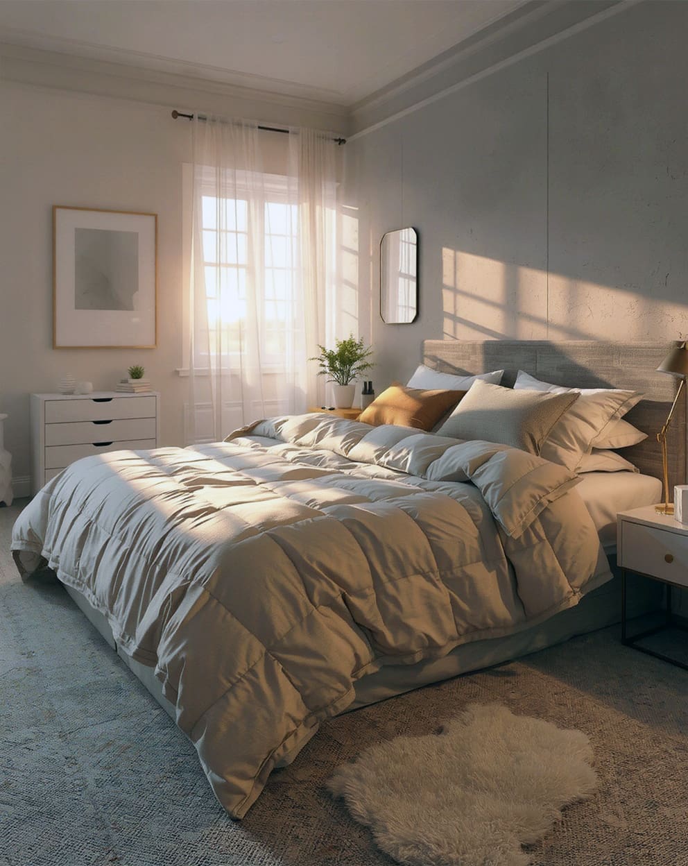 Cozy bedroom with a layered bedding setup including a weighted blanket