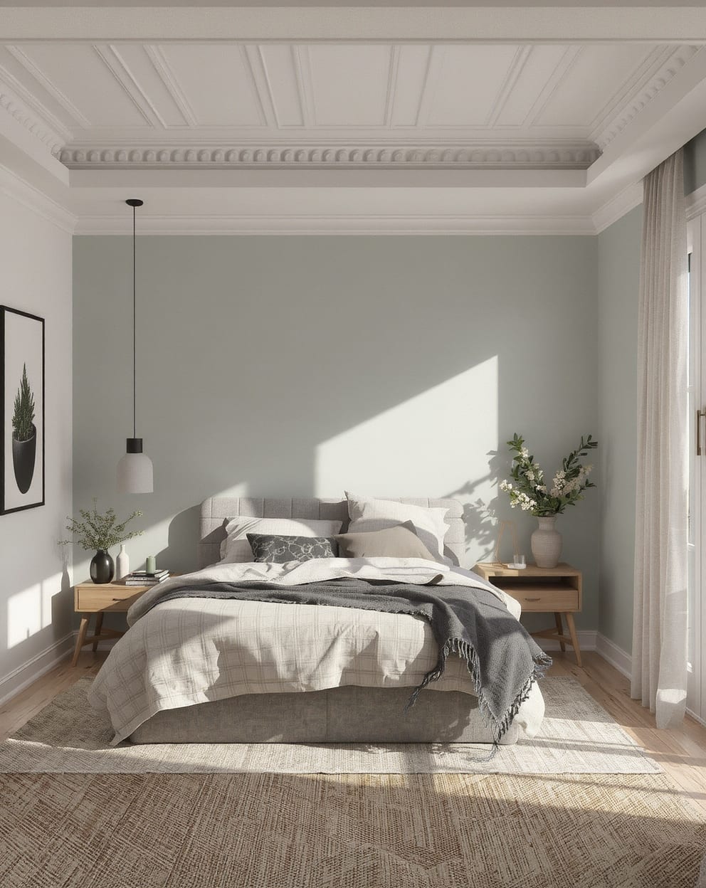Bedroom with sage and blue accents, featuring mixed textures and fabrics for added depth