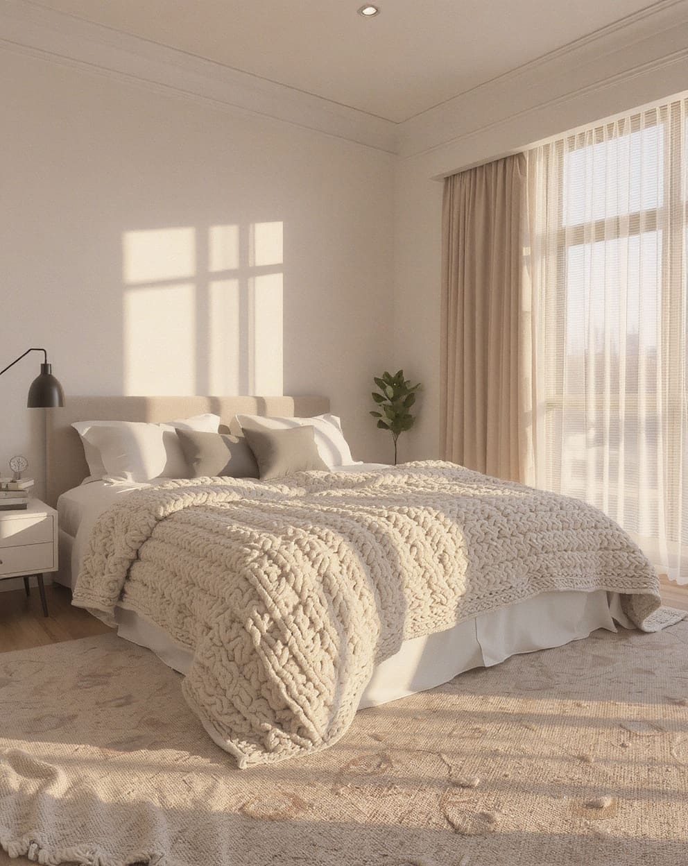 Bedroom with mixed textures including a chunky knit throw and soft pillows for added comfort