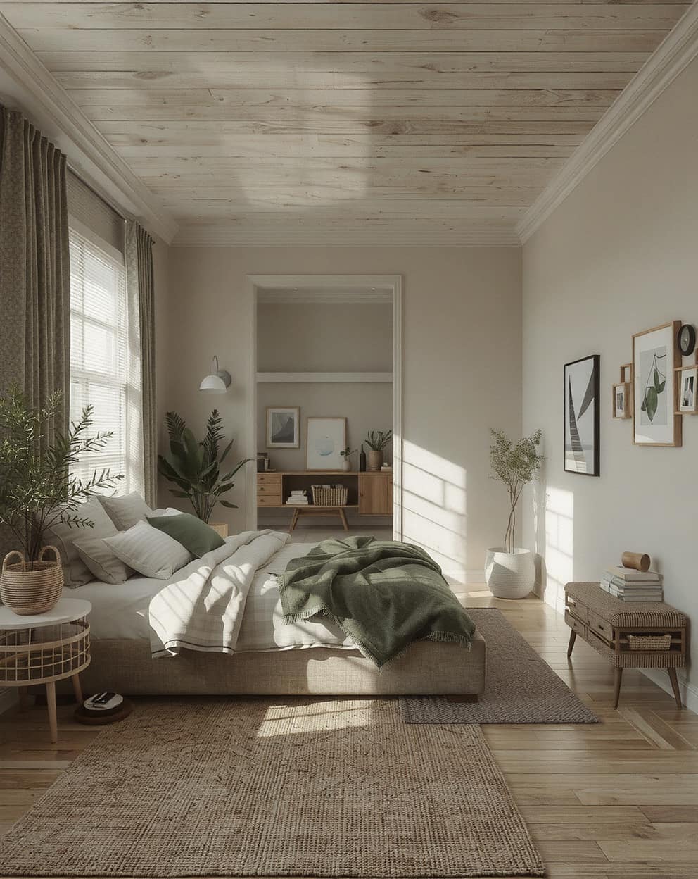 Bedroom with muted green tones like sage and olive, creating a calm and relaxing atmosphere