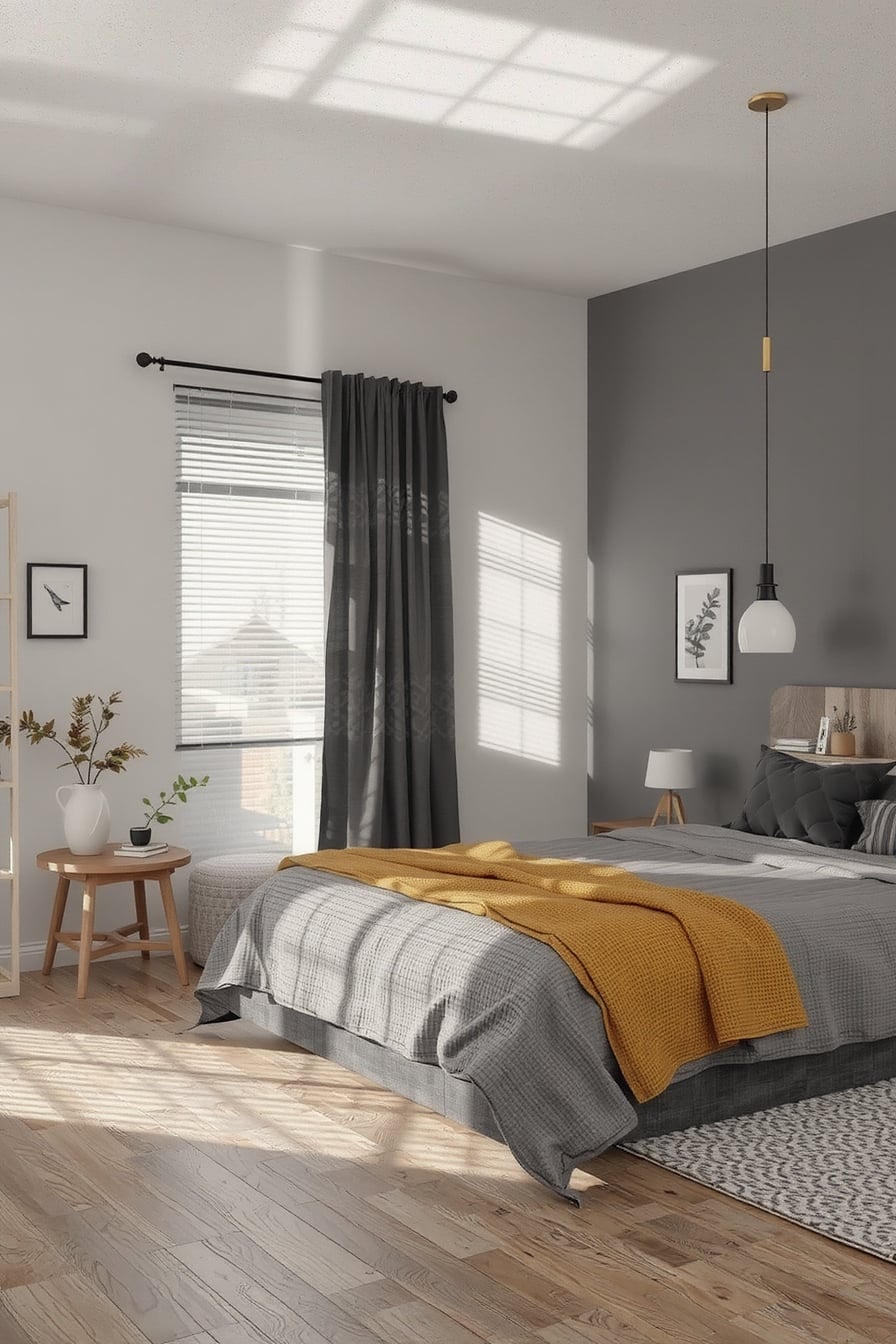 Bedroom with muted mustard and charcoal gray accents, creating a cozy and modern atmosphere