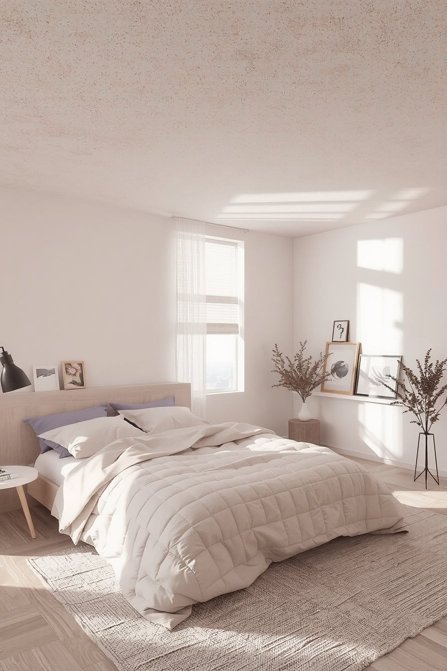 Bedroom with muted pastels like dusty rose, light mint, and soft lavender, creating a gentle, uplifting atmosphere