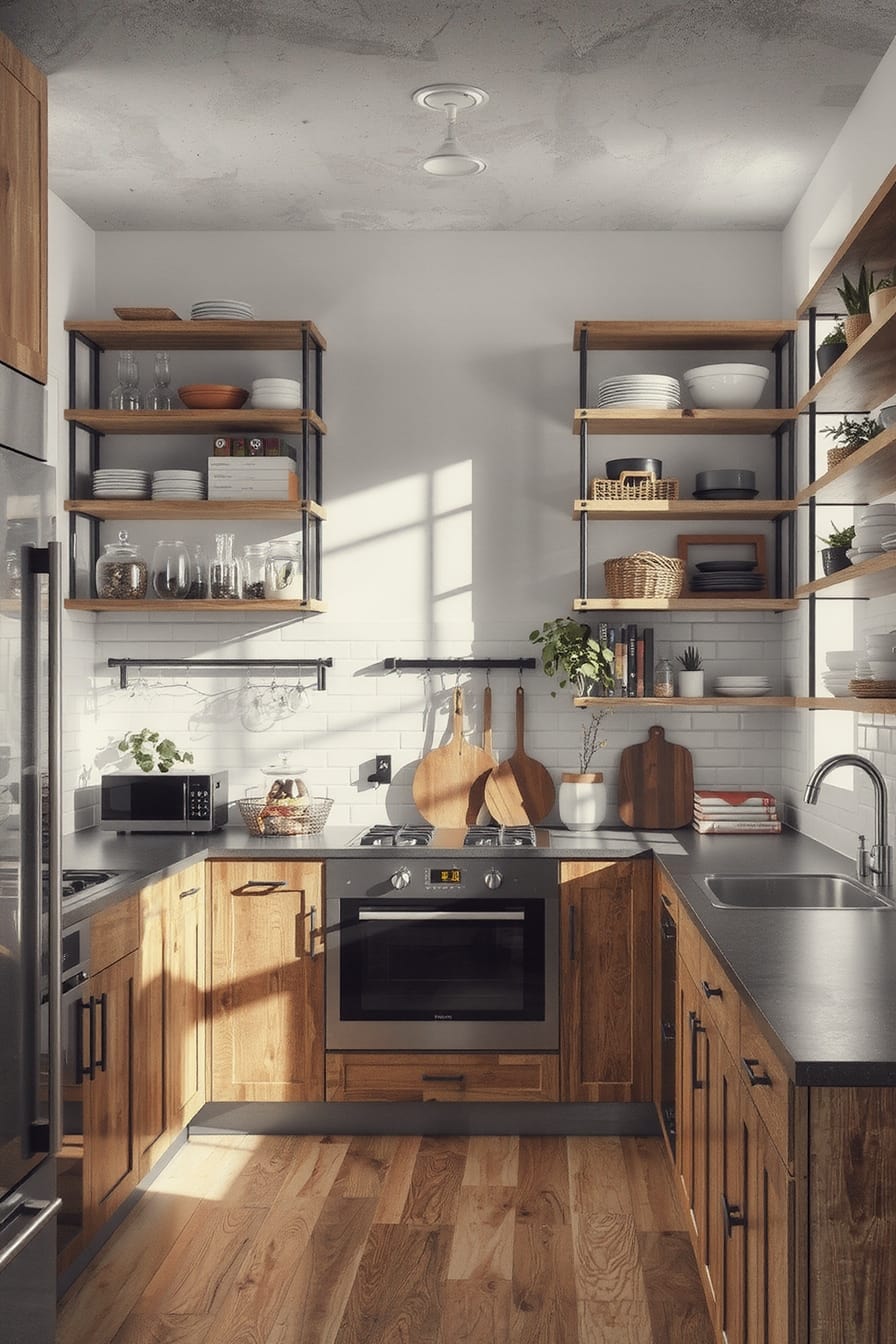 Modern kitchen with open shelving displaying decorative pieces and everyday kitchen items