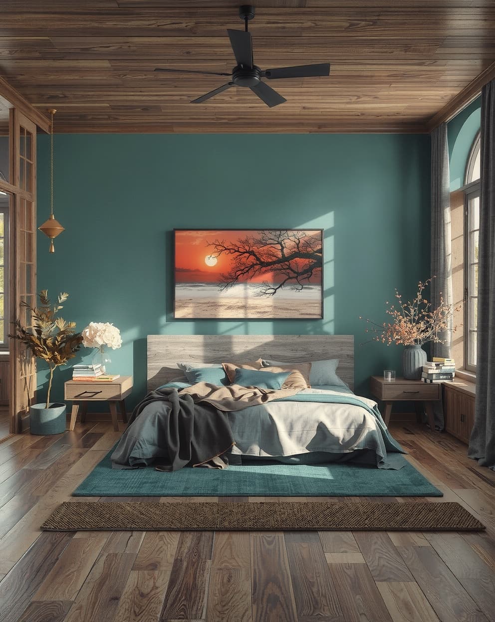 Bedroom with rich jewel tones like emerald green and sapphire blue, creating a luxurious and cozy atmosphere