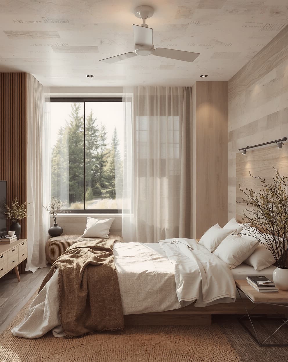 Bedroom with soft earth tones like beige and taupe, creating a warm, inviting atmosphere