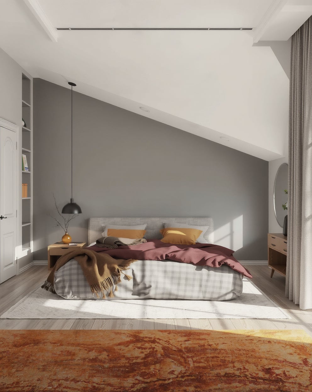 Bedroom with soft grays and warm accents like mustard yellow, creating a modern, cozy atmosphere