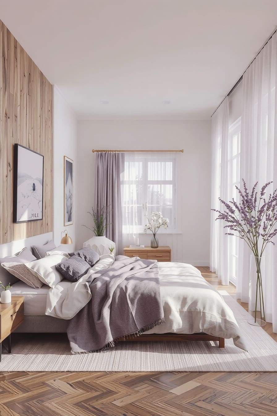 Bedroom with soft lavender and cream accents, creating a serene and elegant atmosphere