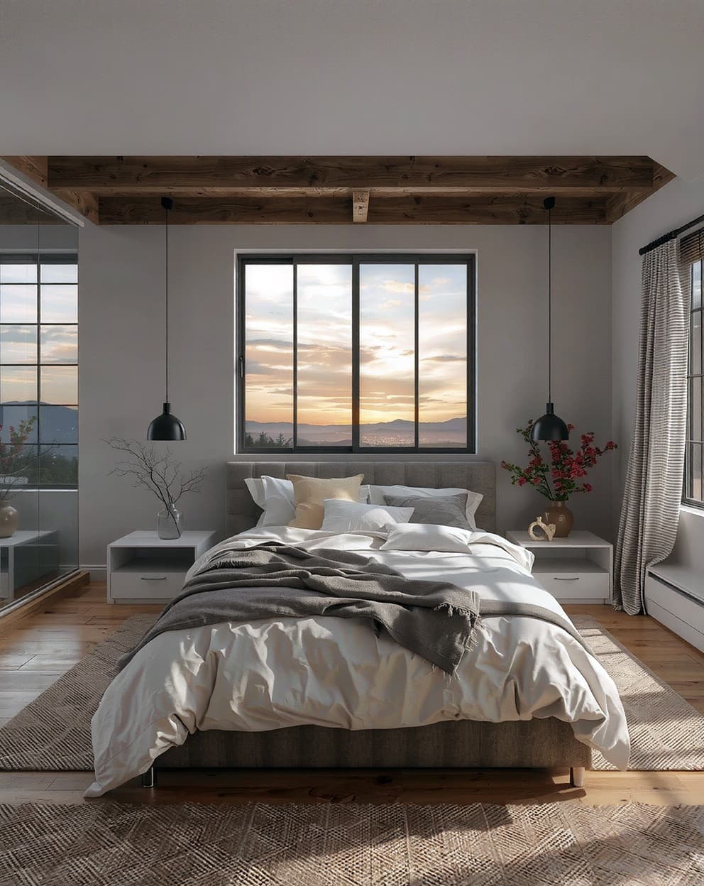 Bedroom with soft neutrals and warm taupes, creating a cozy and inviting atmosphere