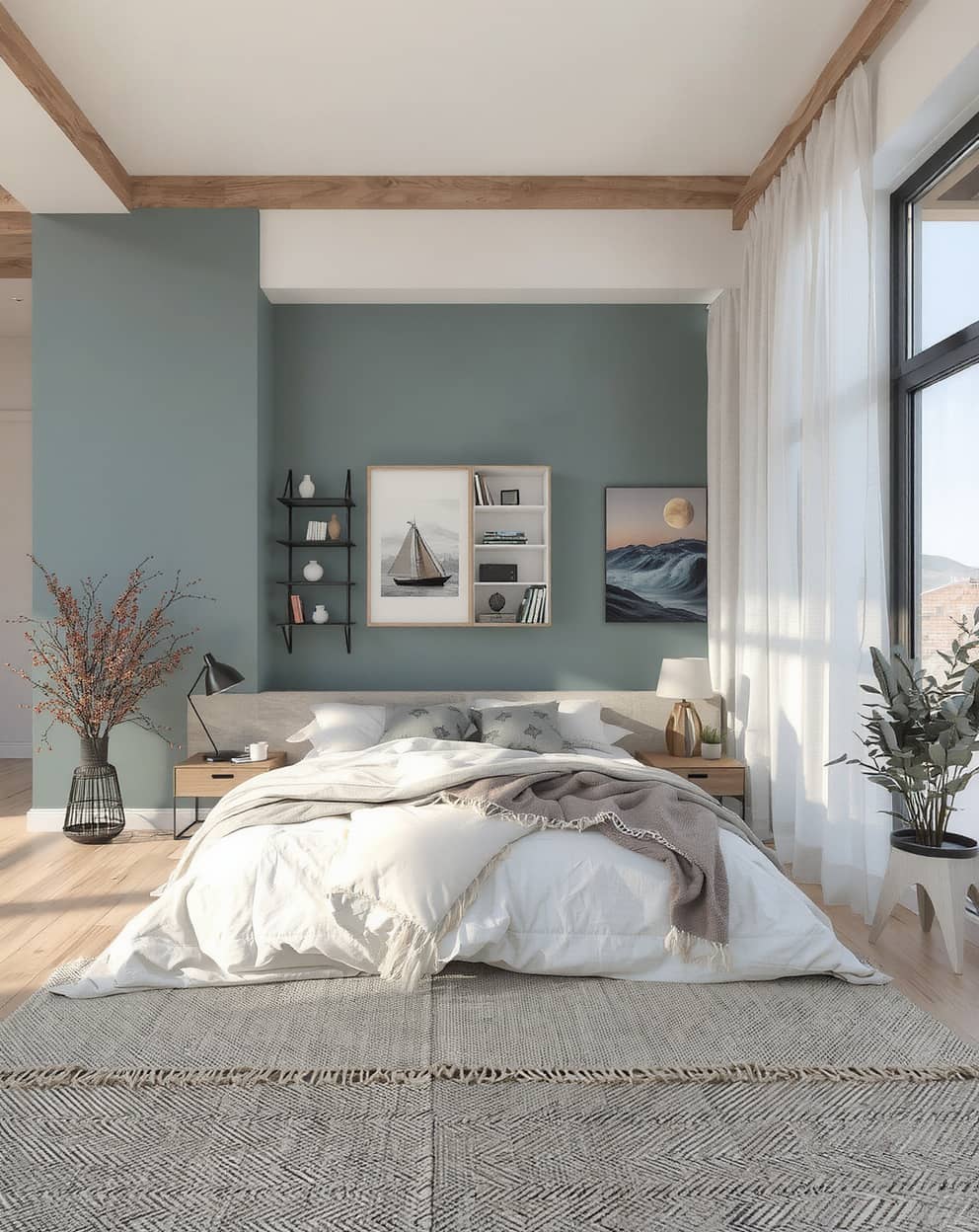 Bedroom with neutral tones like beige and soft gray as a base for bold sage and blue accents