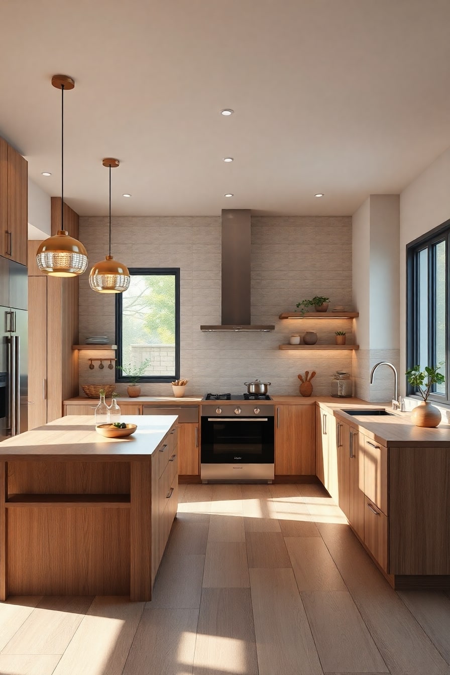 Kitchen with statement lighting including pendant lights and under-cabinet lighting