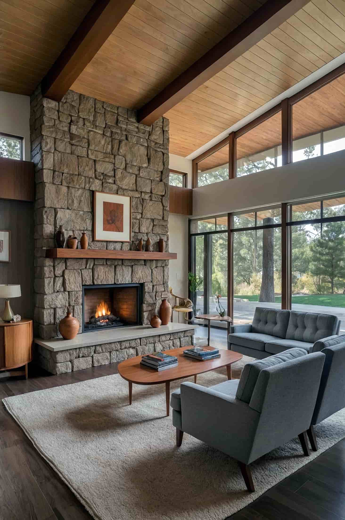 Stone or brick fireplace for a cozy, stylish mid century modern living room