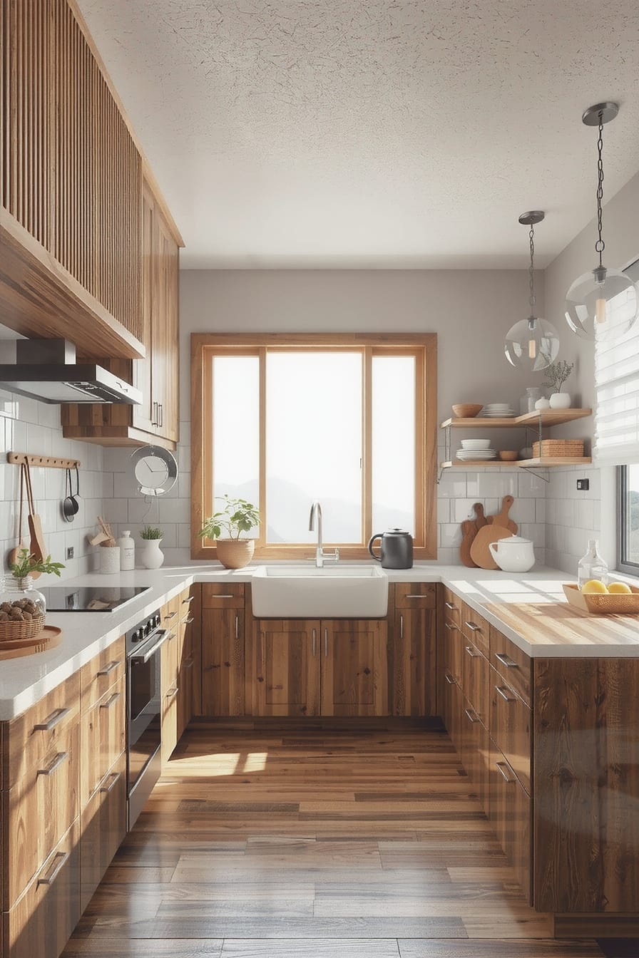Eco-friendly kitchen with sustainable materials like bamboo, recycled glass, and sustainable wood
