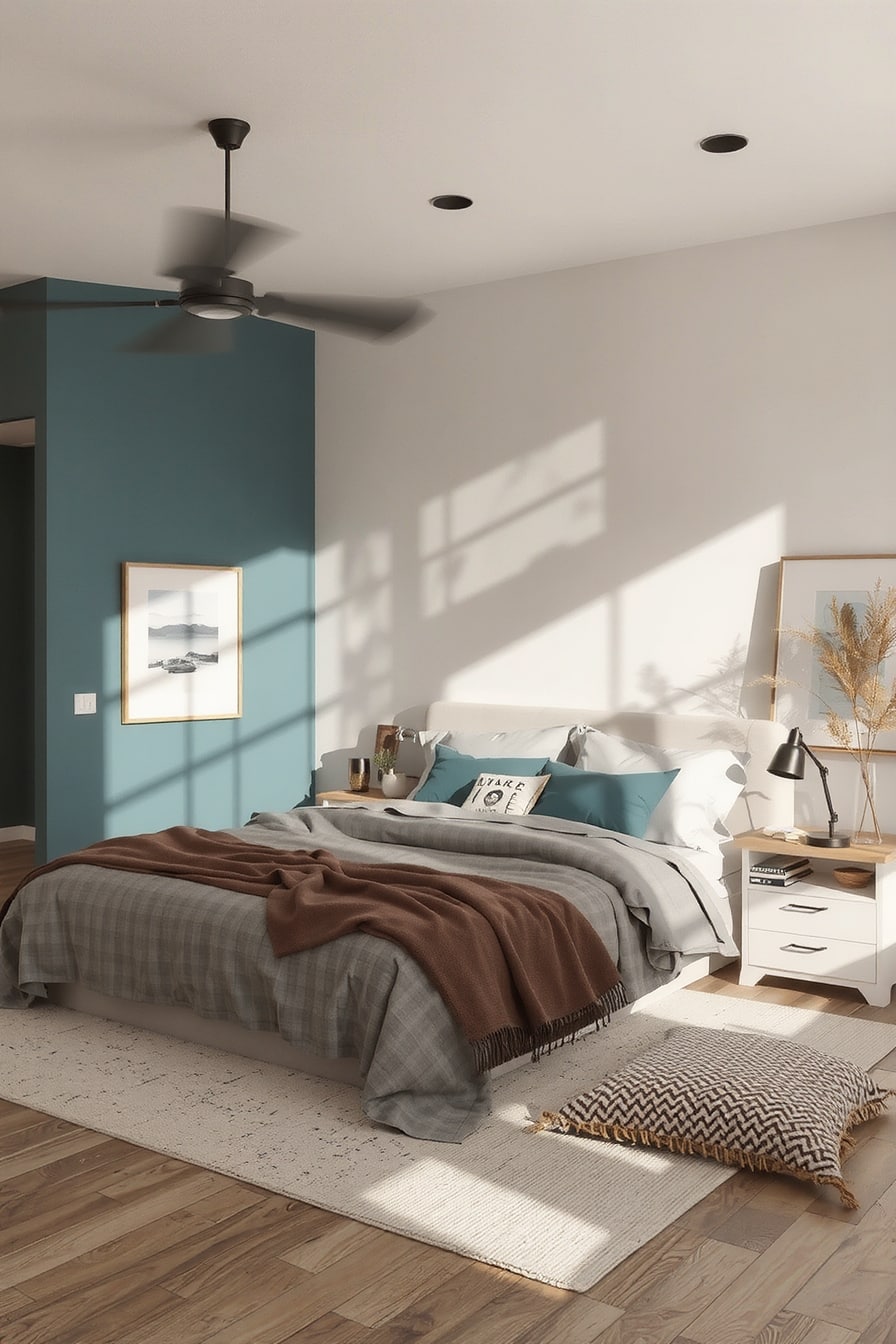 Bedroom with rich teal and soft cream accents, creating a balanced and cozy atmosphere