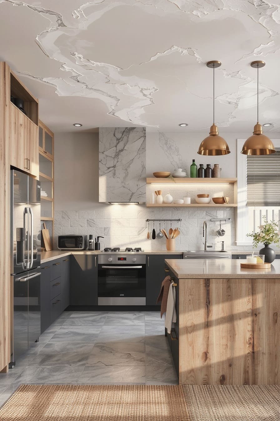 Smart kitchen with high-tech features like touchless faucets, voice-activated lighting, and a smart refrigerator