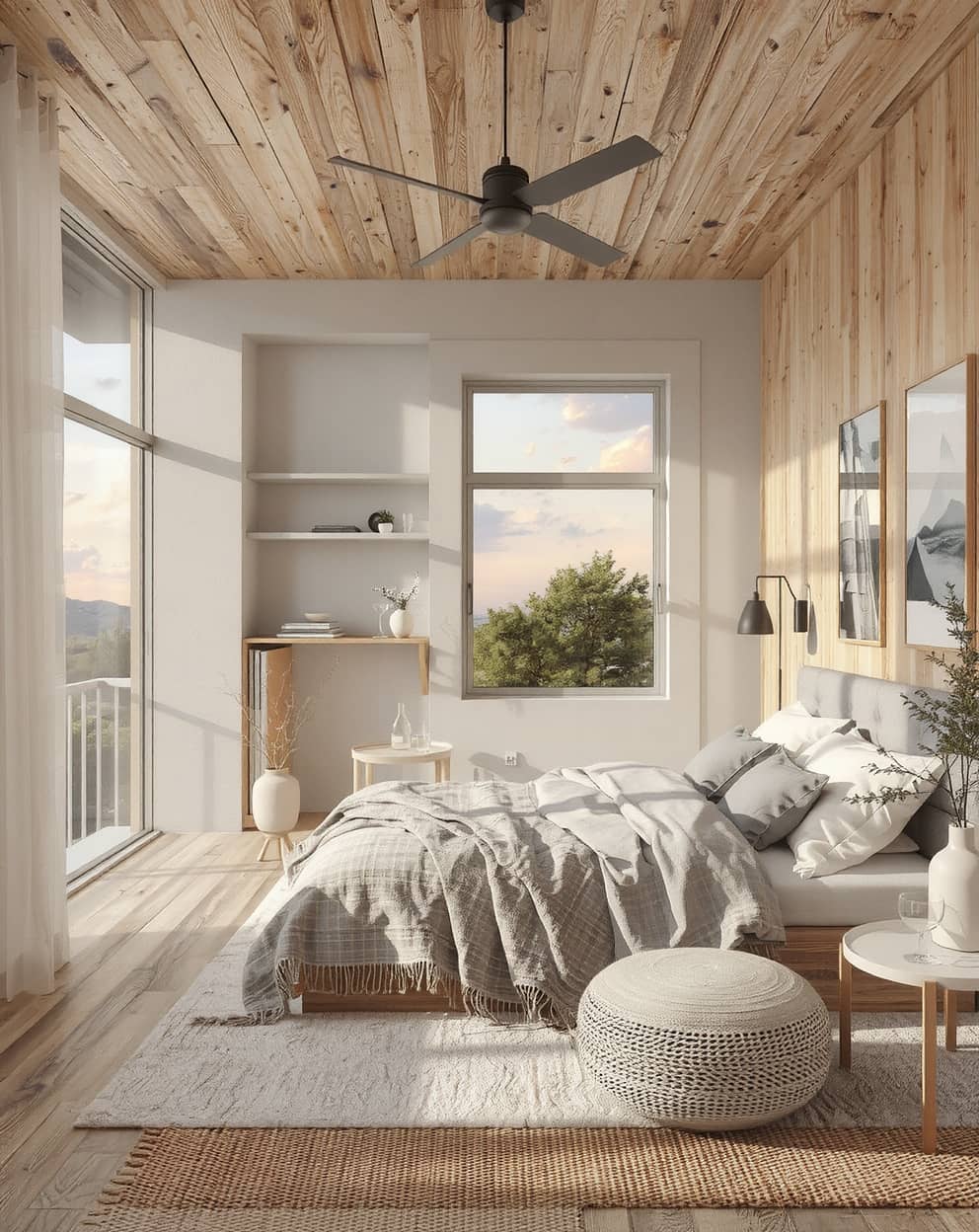 Bedroom with sage and blue accents, complemented by artwork and accessories in calming tones