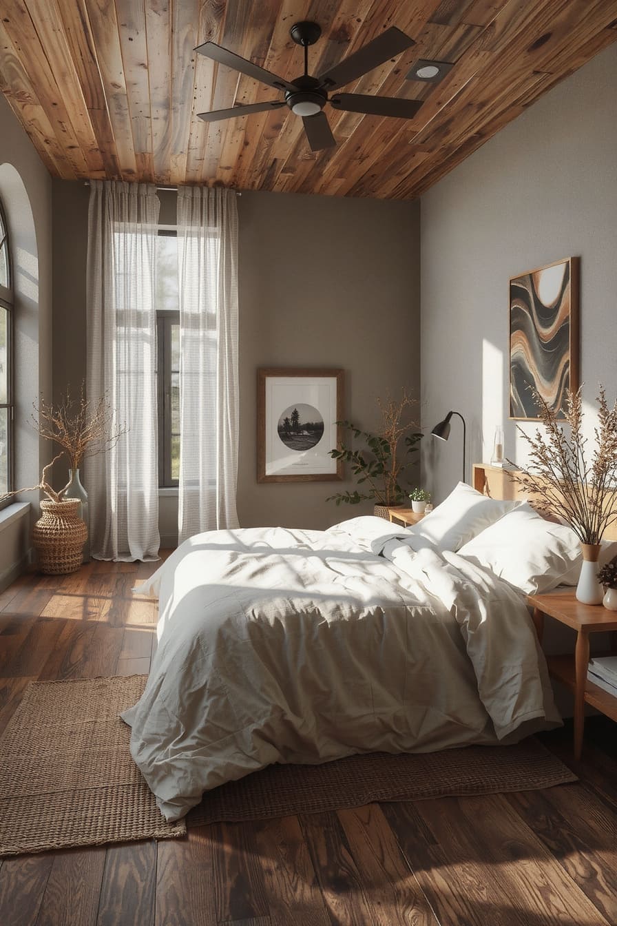Bedroom with warm earth tones like terracotta, olive green, and rich browns, creating a cozy, grounded atmosphere