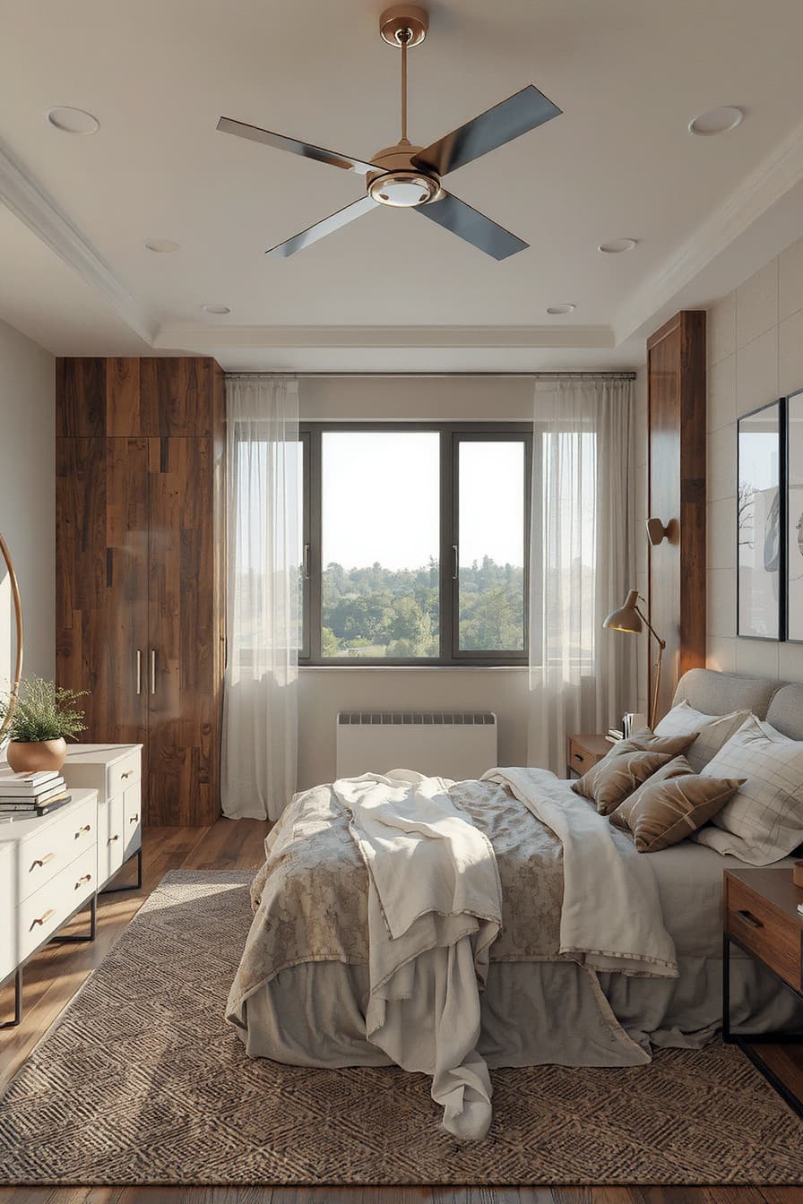 Bedroom with warm metallic accents like copper, brass, and gold, creating a cozy and luxurious atmosphere