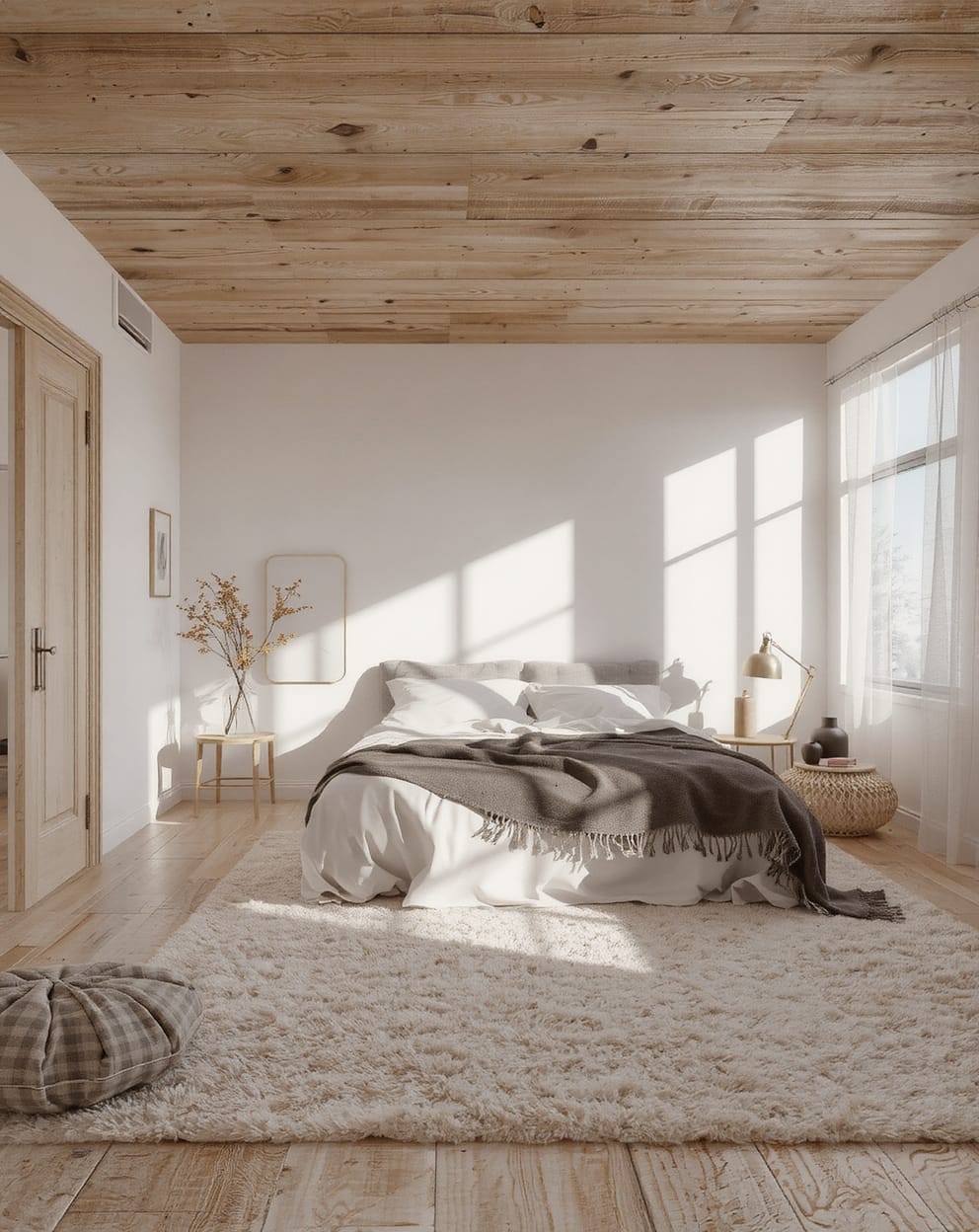 Bedroom with whites, off-whites, and light creams creating a fresh, airy atmosphere