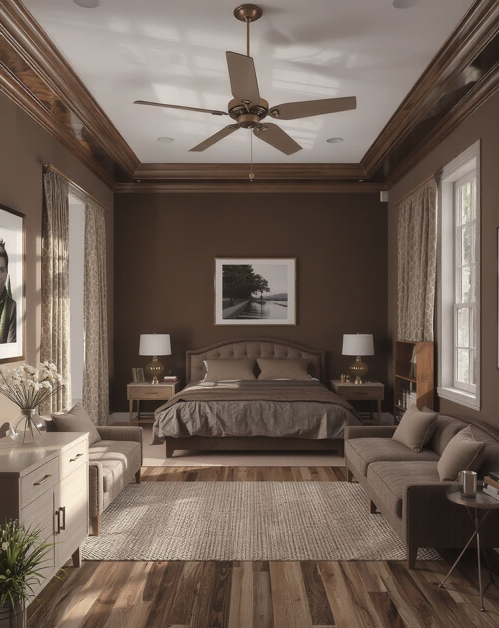 Chocolate brown accent walls in various spaces like living room, bedroom, and dining room