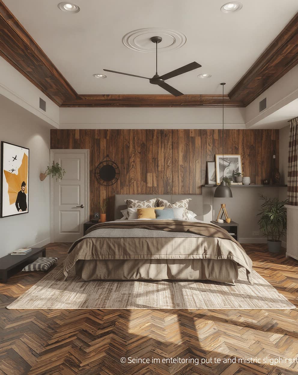 Complementary colors like beige, teal, and mustard yellow paired with chocolate brown