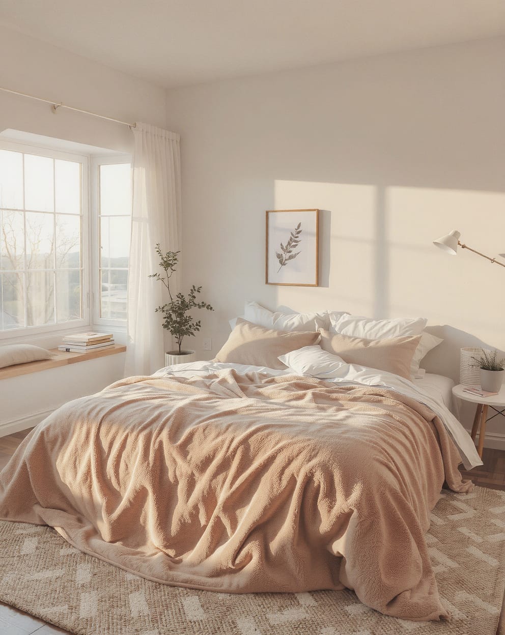 Cozy bedroom with a soft weighted blanket and natural lighting
