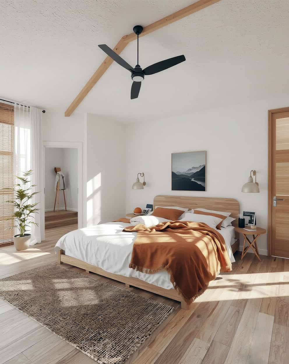 FSC certified bamboo decor in a sustainable Scandinavian-style bedroom