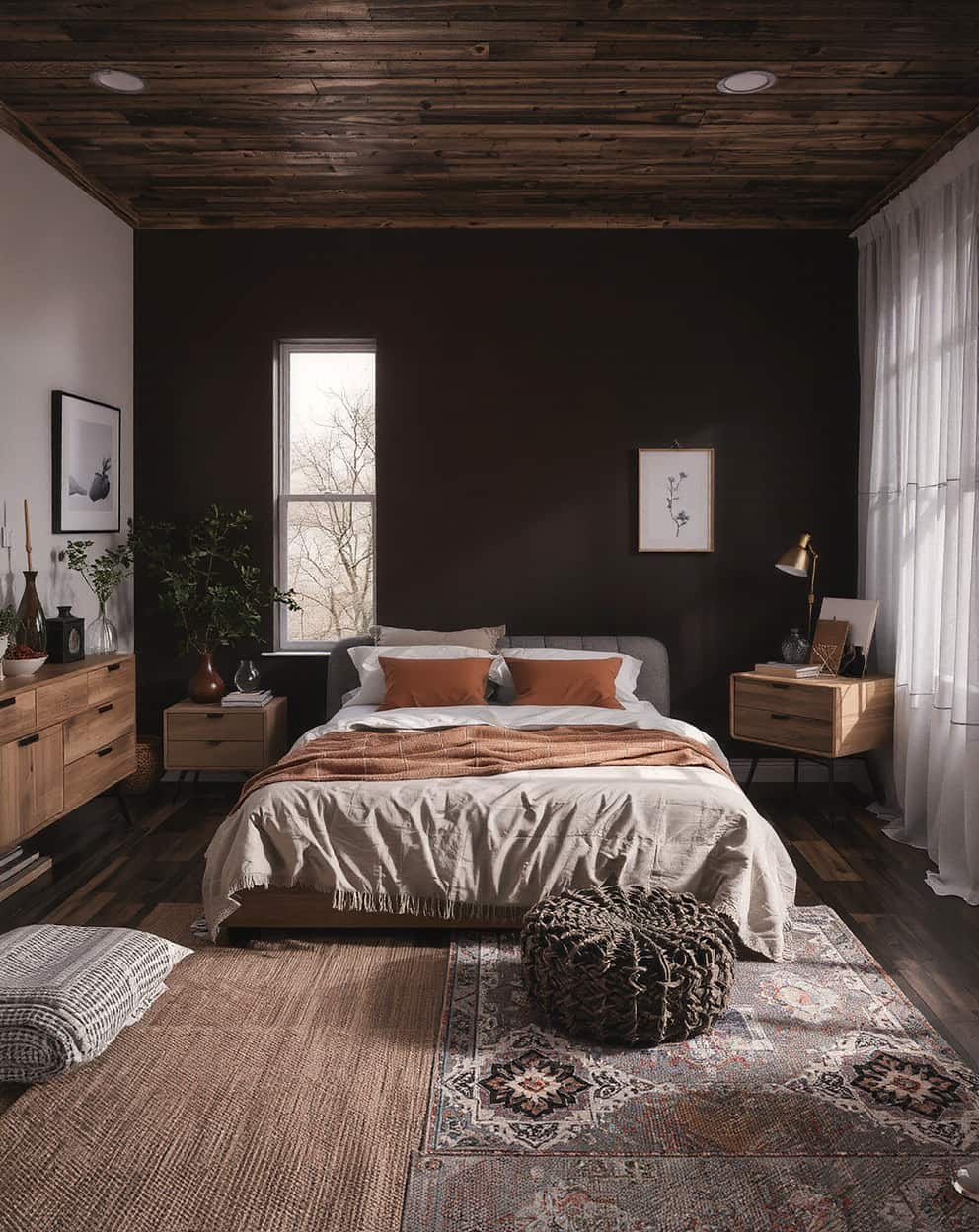 Pairing light-colored furniture with chocolate brown accent wall for balance