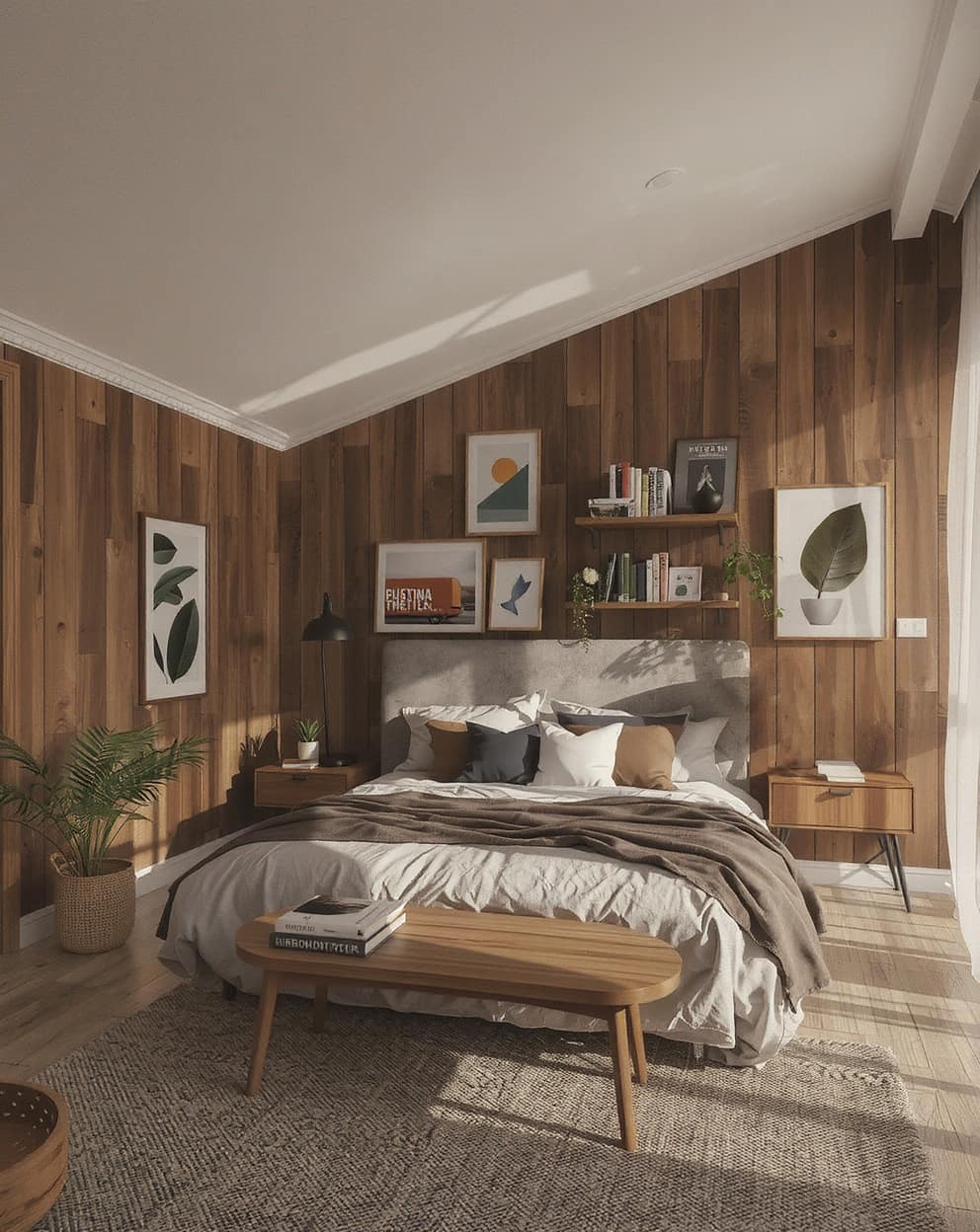 Small bedroom with chocolate brown accent wall, compact furniture, and floating shelves